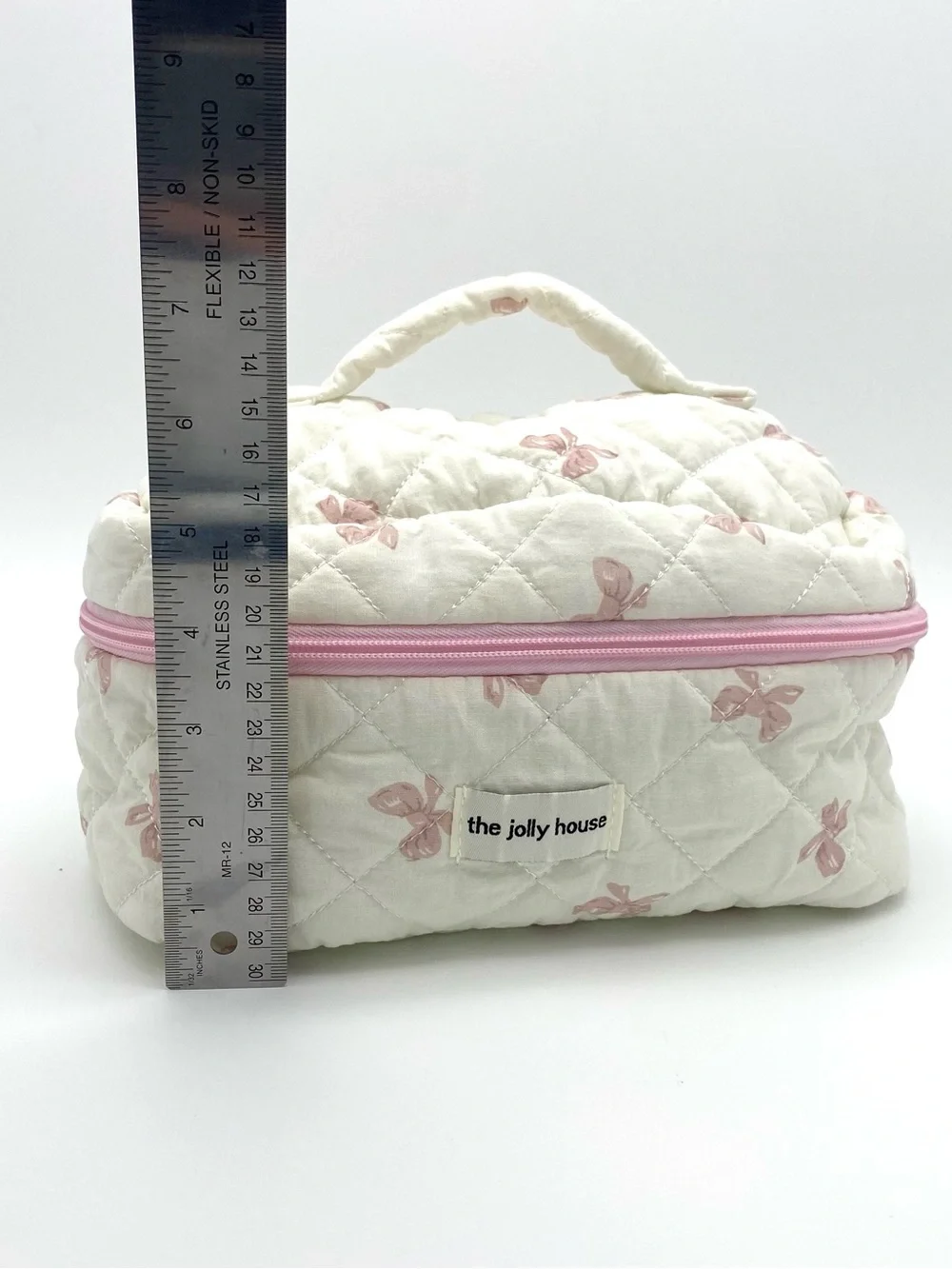 The Jolly House White Pink Bow Print Quilted Makeup Bag Zipper Handle